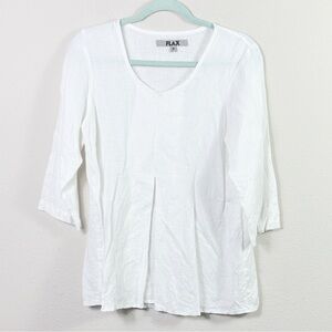 Flax 100% Linen White Tunic Top Sz P (4-6) Inverted Pleat Front